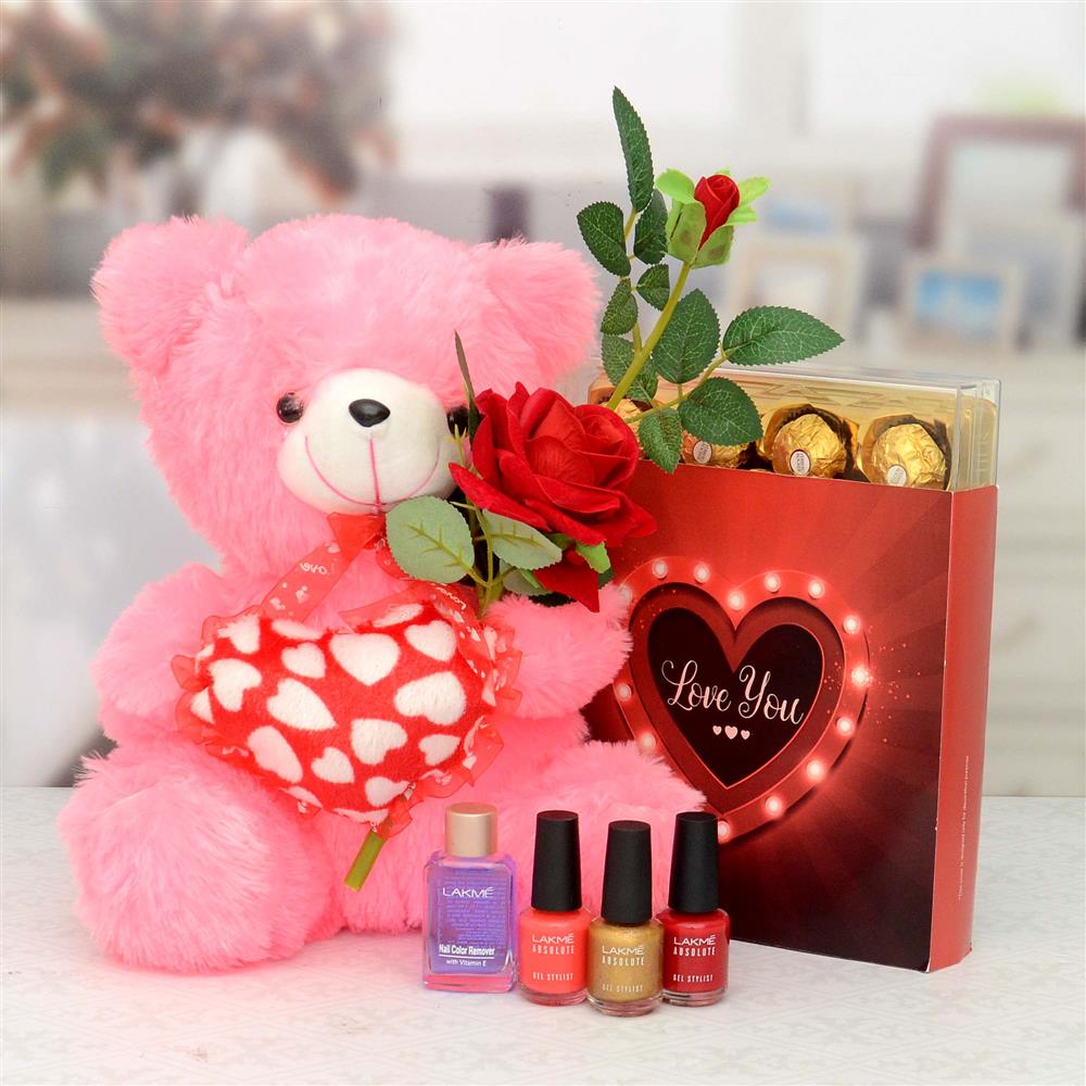 Buy or Order Love You Chocolates With Teddy & Cosmetics Hamper Online - OyeGifts