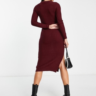 Wine Long Sleeve Belted Roll Neck Midi Dress Profile Picture