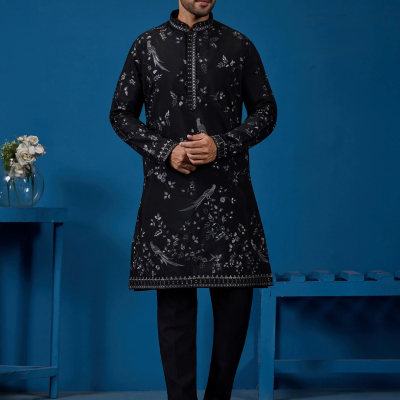 Stunning Black Thread Embroidered Silk Wedding Wear Men Kurta Profile Picture