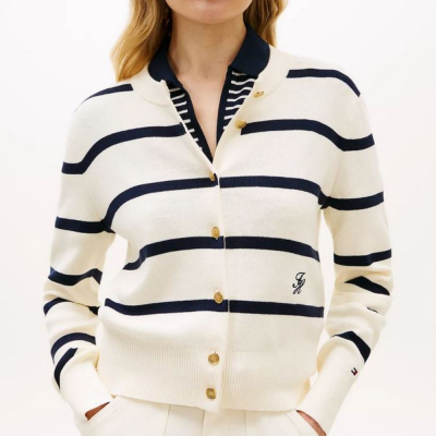 TOMMY HILFIGER PREMIUM KNIT GOLD-TONE BUTTON CARDIGAN BIG STP CALICO/ DARK NAVY Profile Picture