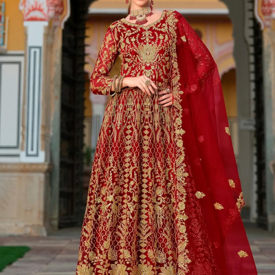 Impressive Red Coding Work Net Wedding Wear Gown With Dupatta Profile Picture