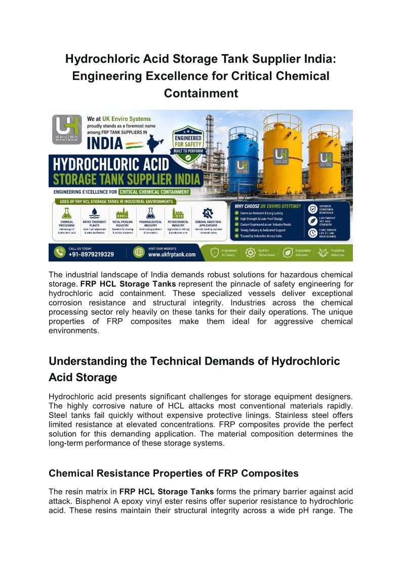 Hydrochloric Acid Storage Tank Supplier India