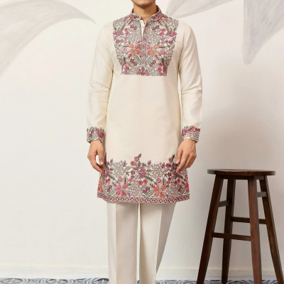 Attractive Off-White Embroidered Silk Wedding Wear Men’s Kurta Set Profile Picture