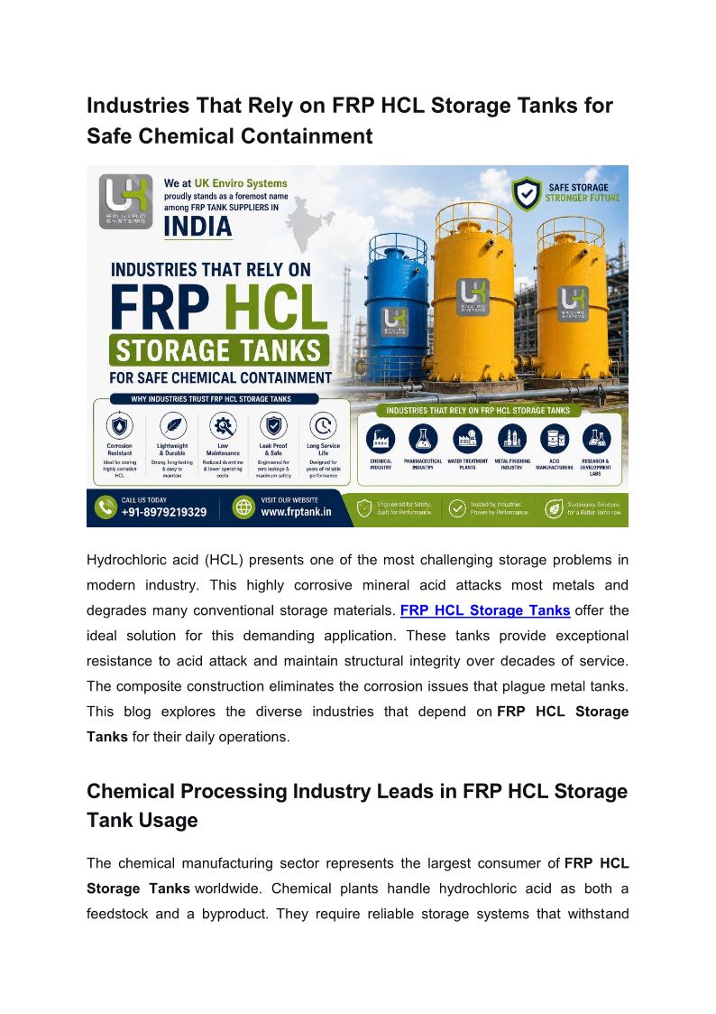 What Industries Use FRP HCL Storage Tanks?