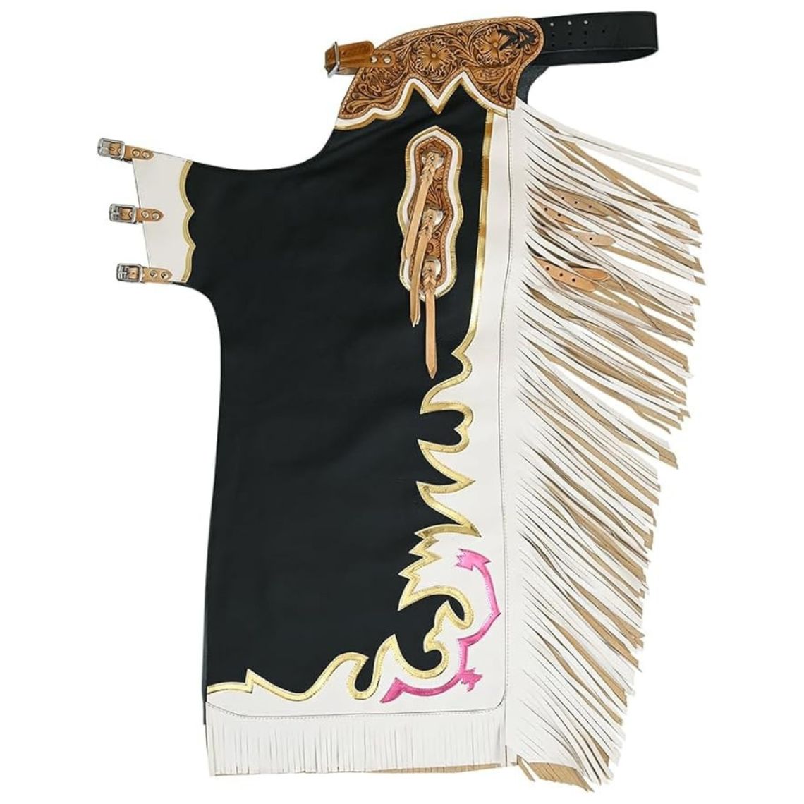 Elegant Black Leather Rodeo Chaps with Gold & White Fringe