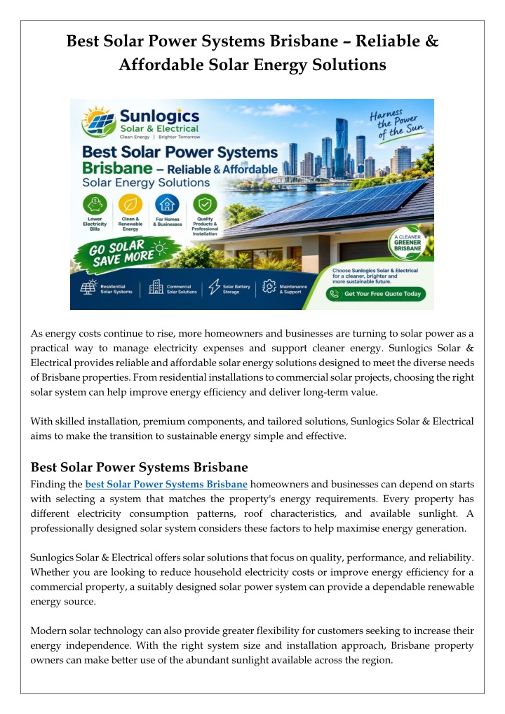 Best Solar Power Systems Brisbane – Reliable & Affordable Solar Energy Solutions